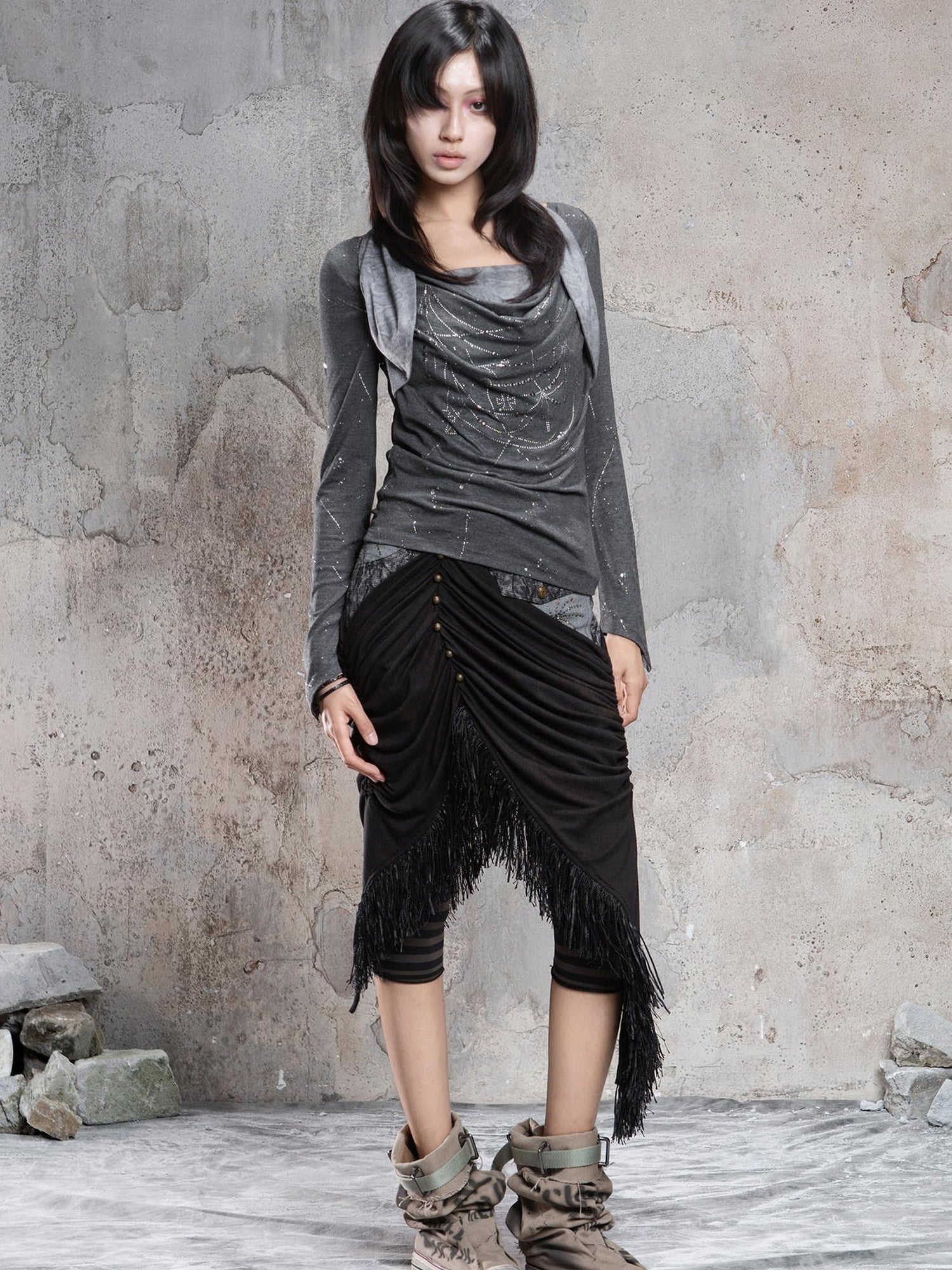 ARIADNAw Dark Gothic Asymmetrical Knit Patchwork Drawstring Low Waist Women&