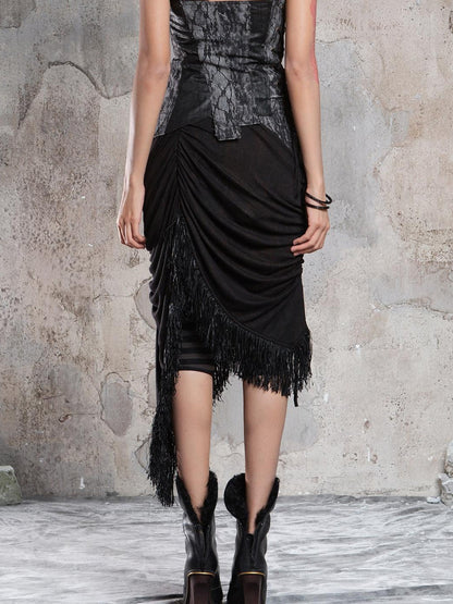 ARIADNAw Dark Gothic Asymmetrical Knit Patchwork Drawstring Low Waist Women&