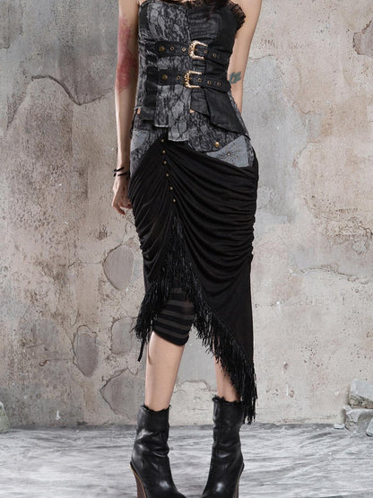 ARIADNAw Dark Gothic Asymmetrical Knit Patchwork Drawstring Low Waist Women&