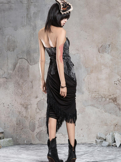 ARIADNAw Dark Gothic Asymmetrical Knit Patchwork Drawstring Low Waist Women&