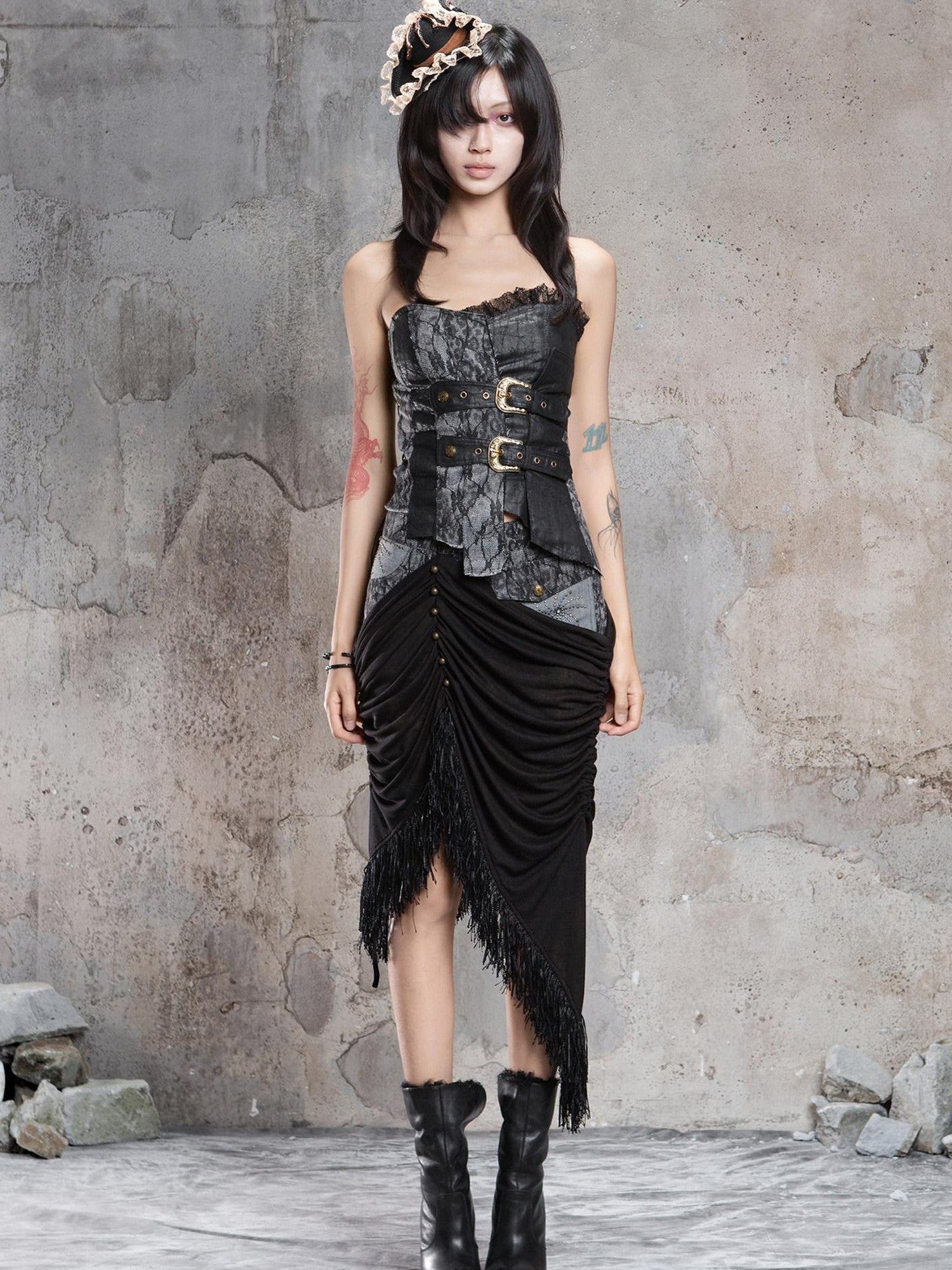 ARIADNAw Dark Gothic Asymmetrical Knit Patchwork Drawstring Low Waist Women&