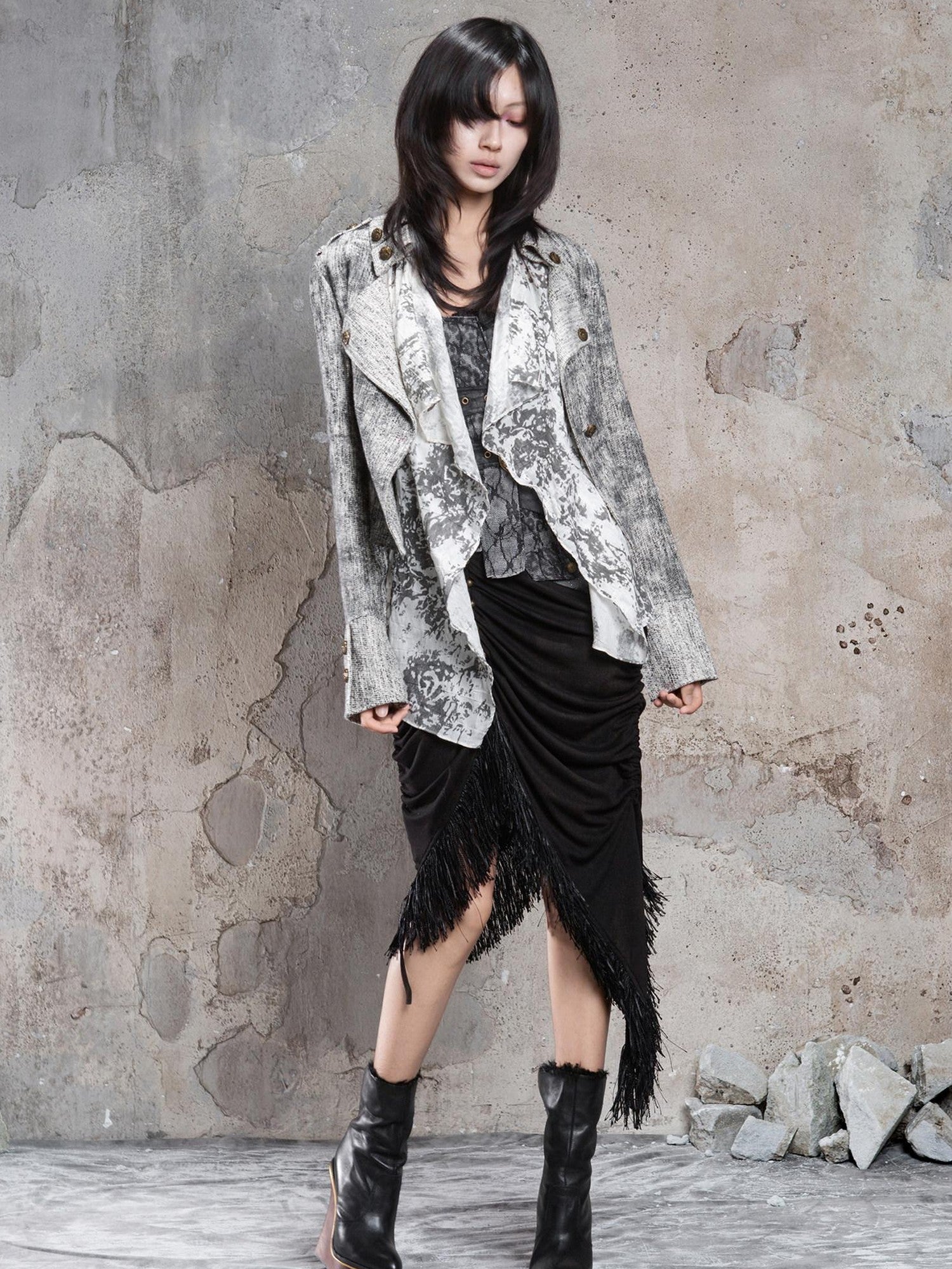 ARIADNAw Dark Gothic Asymmetrical Knit Patchwork Drawstring Low Waist Women&