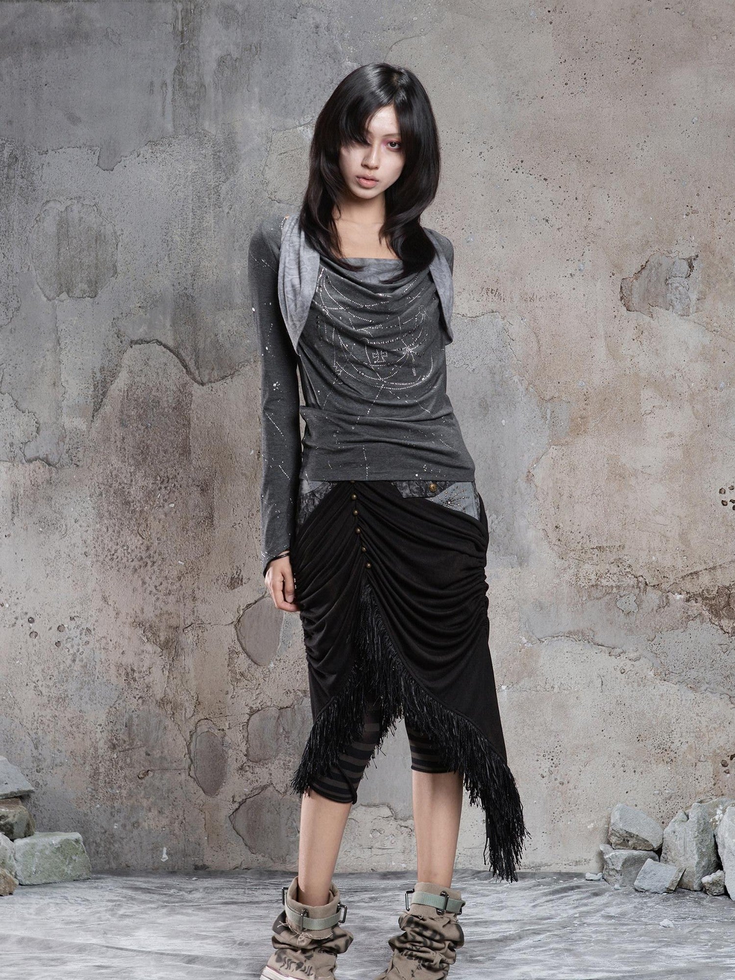 ARIADNAw Dark Gothic Asymmetrical Knit Patchwork Drawstring Low Waist Women&