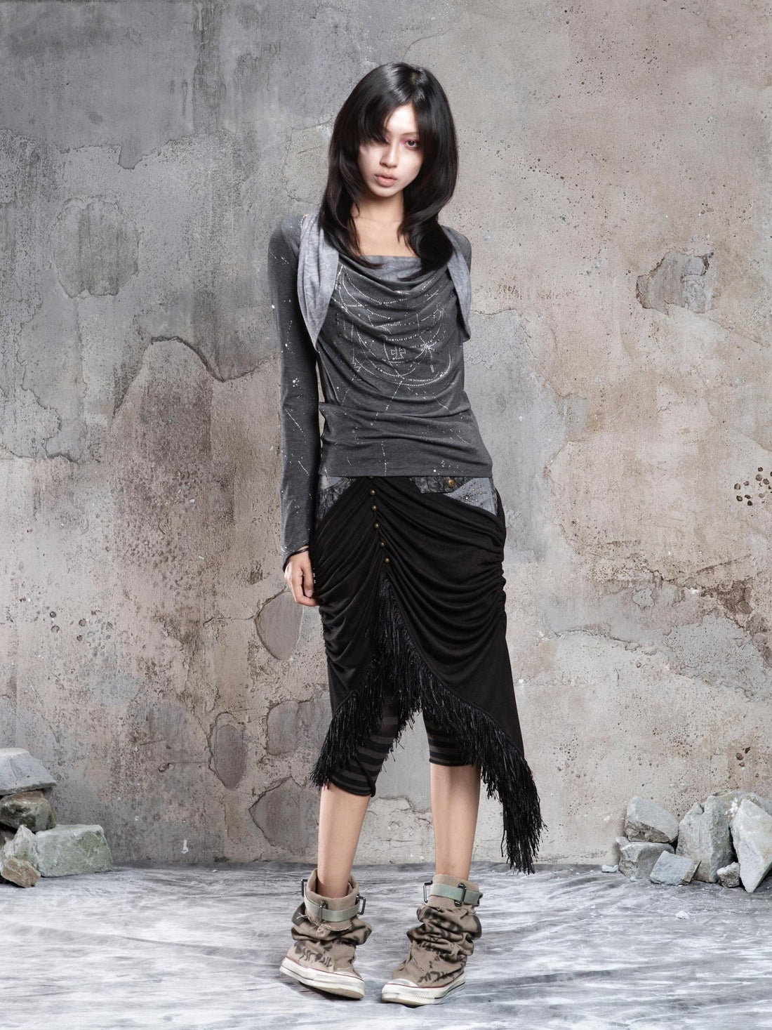 ARIADNAw Dark Gothic Asymmetrical Knit Patchwork Drawstring Low Waist Women&