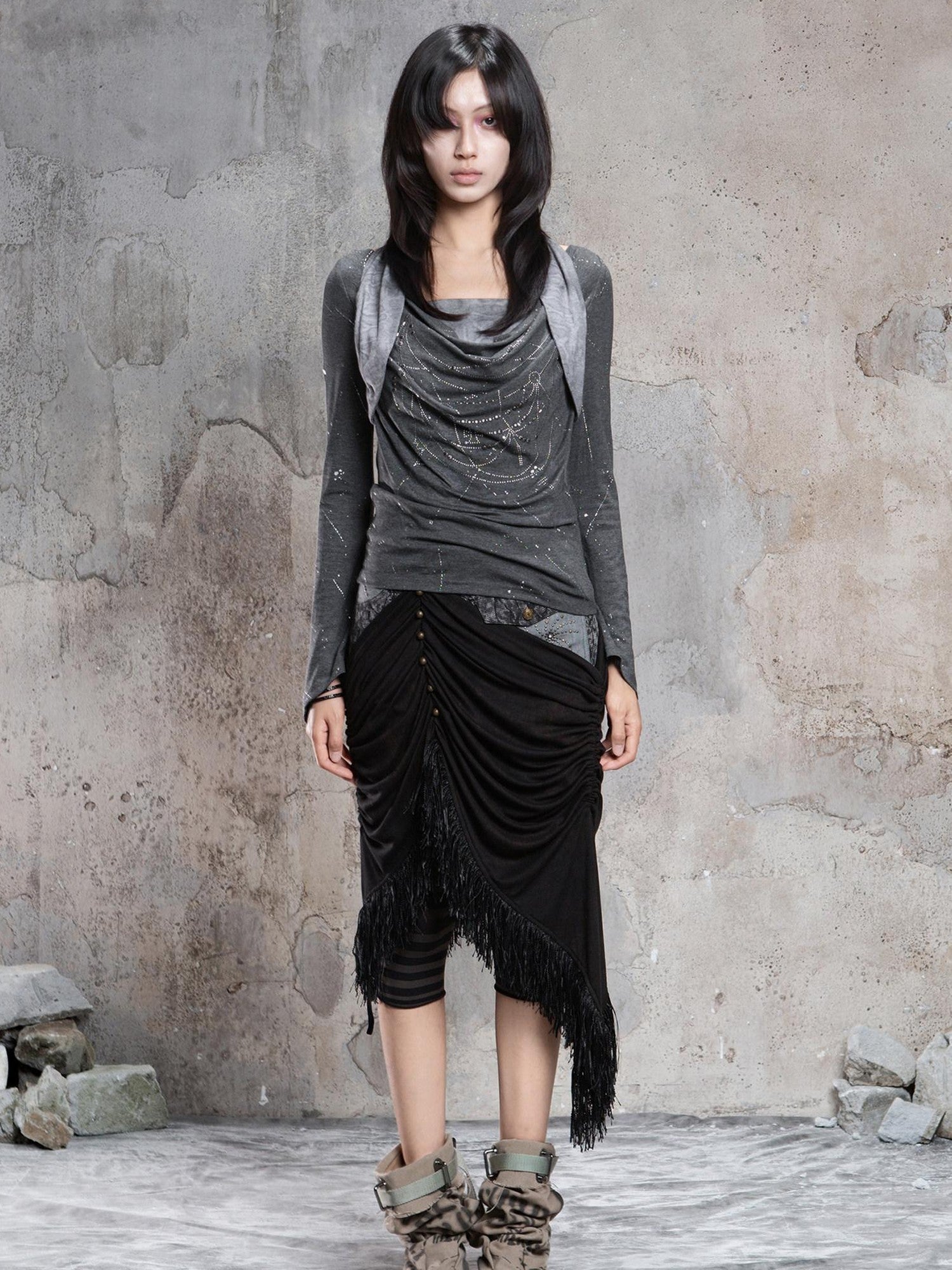 ARIADNAw Dark Gothic Asymmetrical Knit Patchwork Drawstring Low Waist Women&