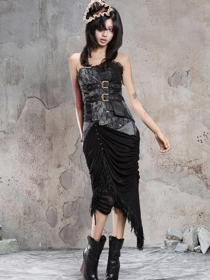 ARIADNAw Dark Gothic Asymmetrical Knit Patchwork Drawstring Low Waist Women&