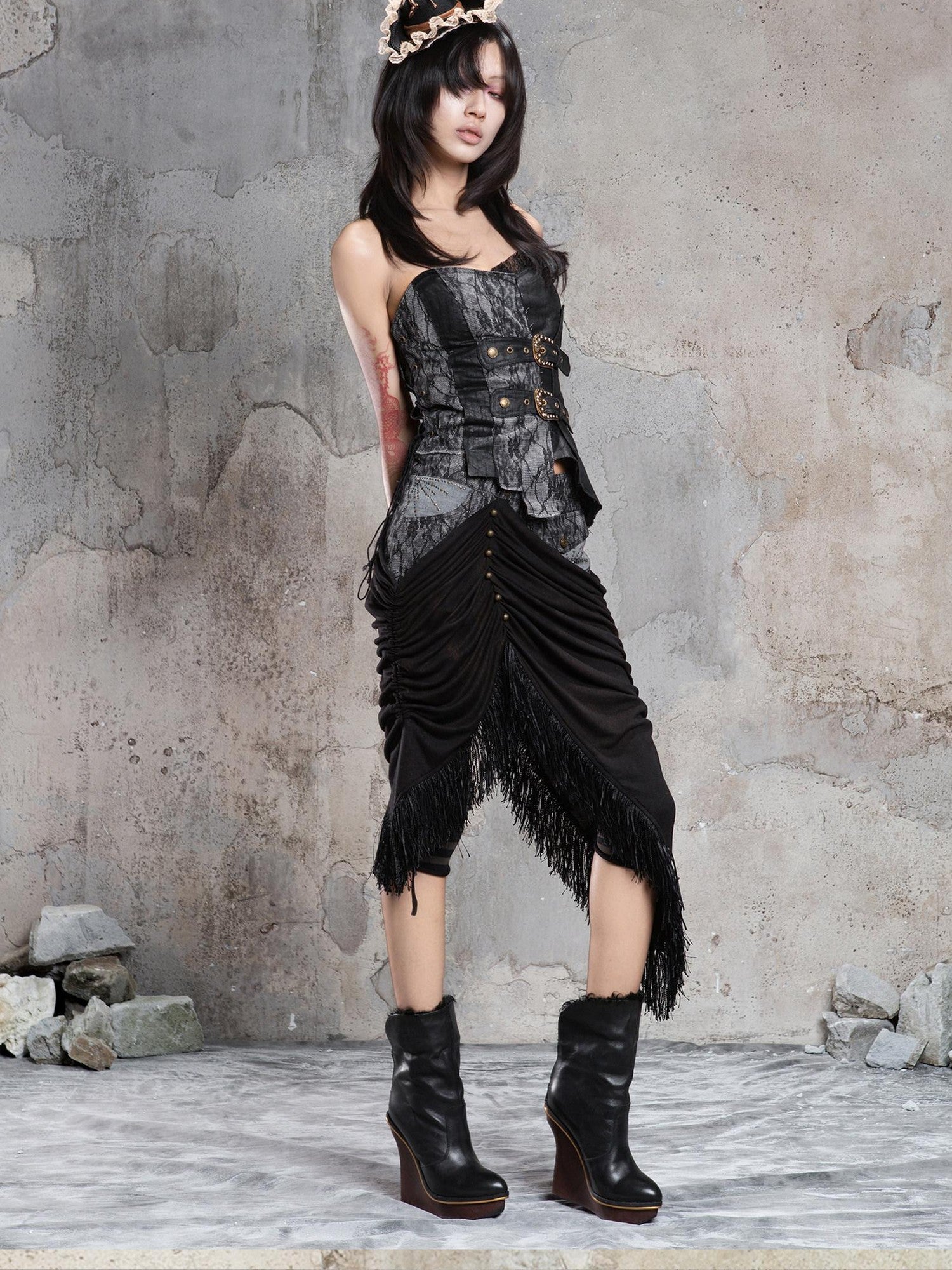ARIADNAw Dark Gothic Asymmetrical Knit Patchwork Drawstring Low Waist Women&