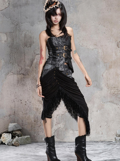 ARIADNAw Dark Gothic Asymmetrical Knit Patchwork Drawstring Low Waist Women&