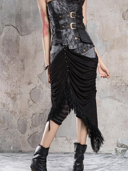 ARIADNAw Dark Gothic Asymmetrical Knit Patchwork Drawstring Low Waist Women&