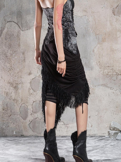 ARIADNAw Dark Gothic Asymmetrical Knit Patchwork Drawstring Low Waist Women&