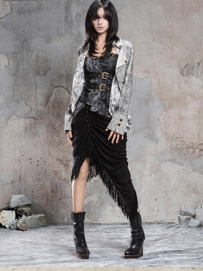 ARIADNAw Dark Gothic Asymmetrical Knit Patchwork Drawstring Low Waist Women&