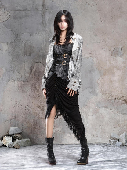 ARIADNAw Dark Gothic Asymmetrical Knit Patchwork Drawstring Low Waist Women&