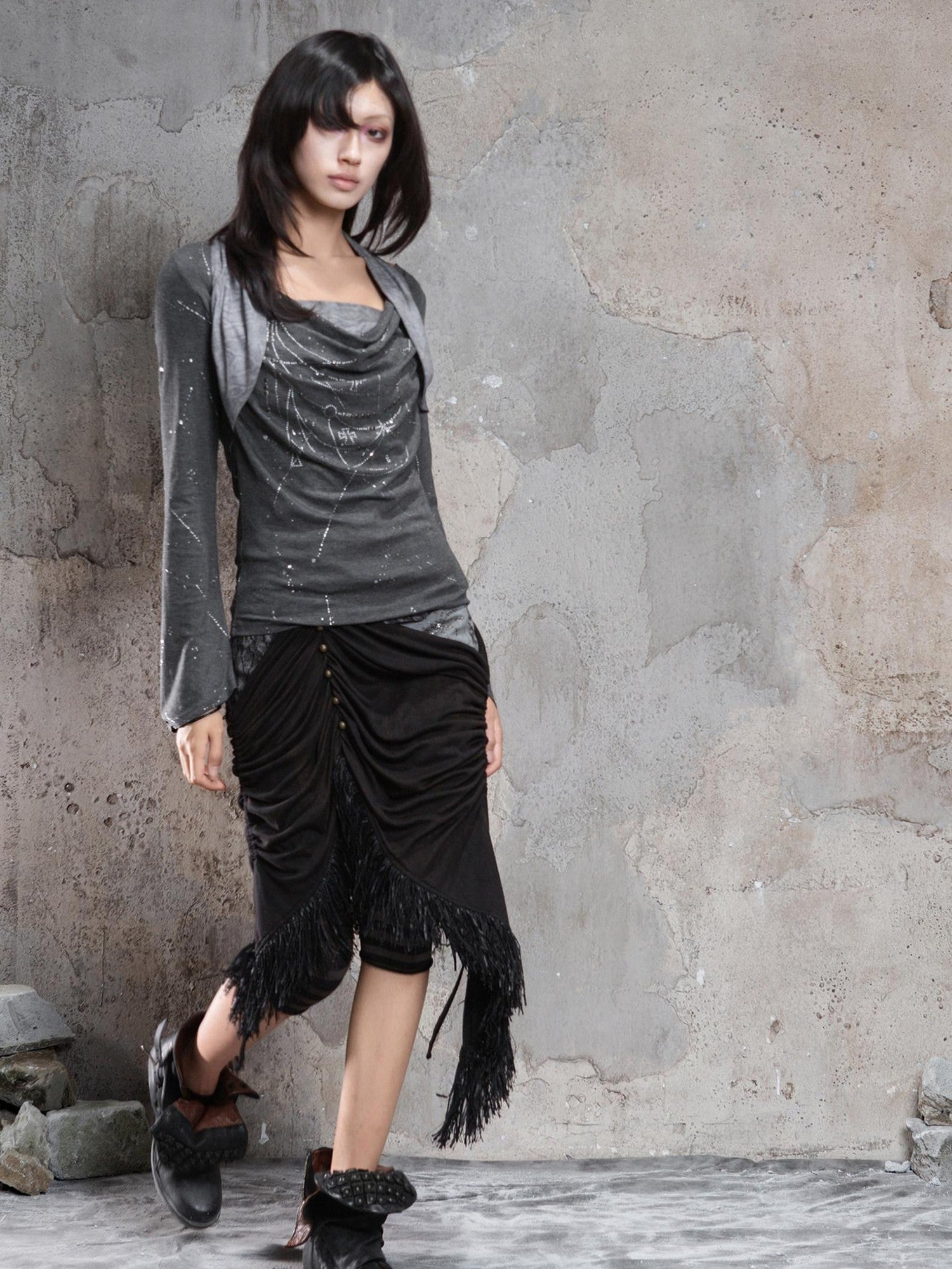 ARIADNAw Dark Gothic Asymmetrical Knit Patchwork Drawstring Low Waist Women&