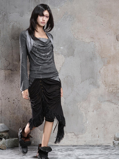 ARIADNAw Dark Gothic Asymmetrical Knit Patchwork Drawstring Low Waist Women&