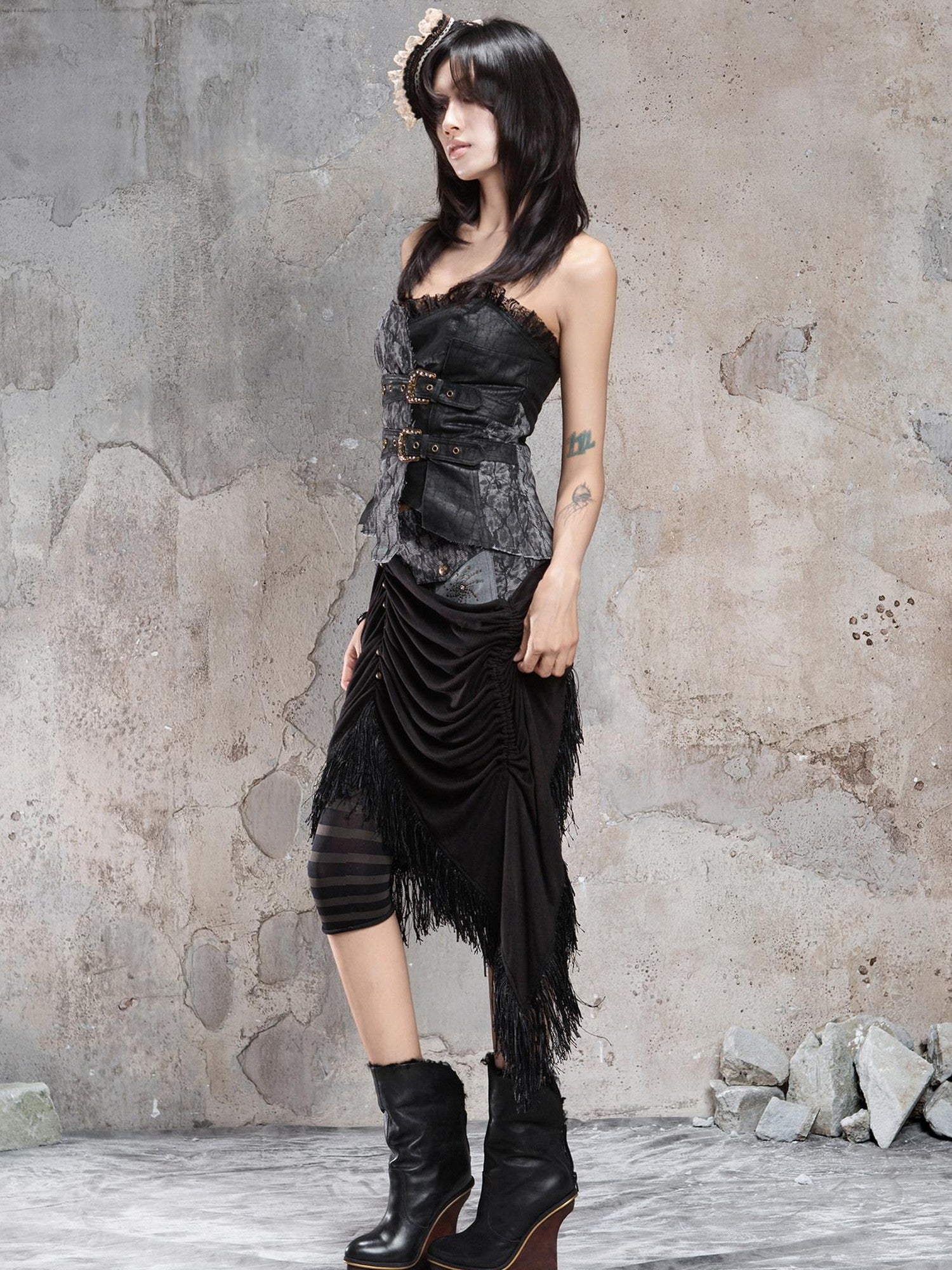 ARIADNAw Dark Gothic Asymmetrical Knit Patchwork Drawstring Low Waist Women&