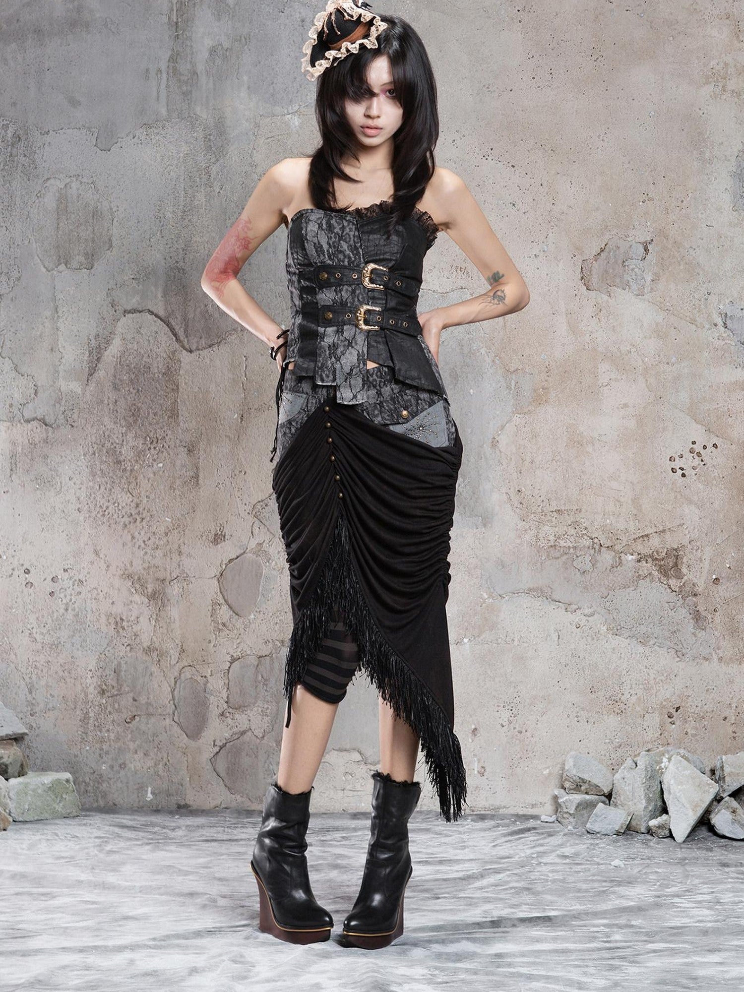 ARIADNAw Dark Gothic Asymmetrical Knit Patchwork Drawstring Low Waist Women&