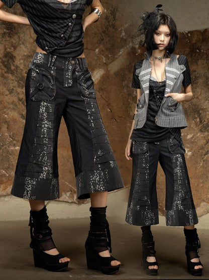 ARIADNAw Dark Punk Printed Pockets Button Low Waist Micro Flare Women&