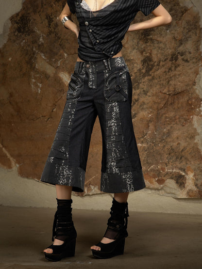 ARIADNAw Dark Punk Printed Pockets Button Low Waist Micro Flare Women&