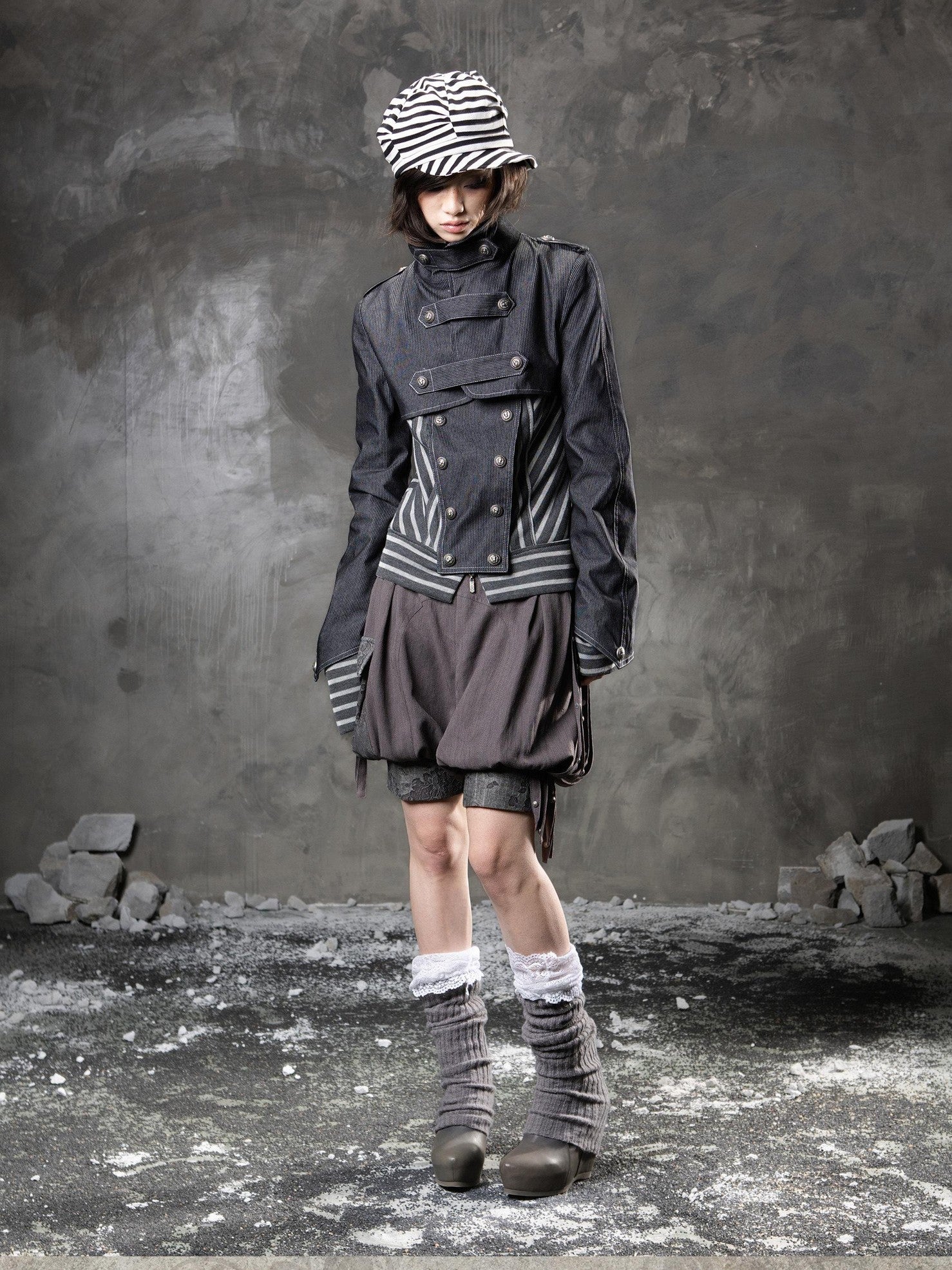 ARIADNAw Denim Blue Asymmetrical Striped Patchwork Original Design Women&