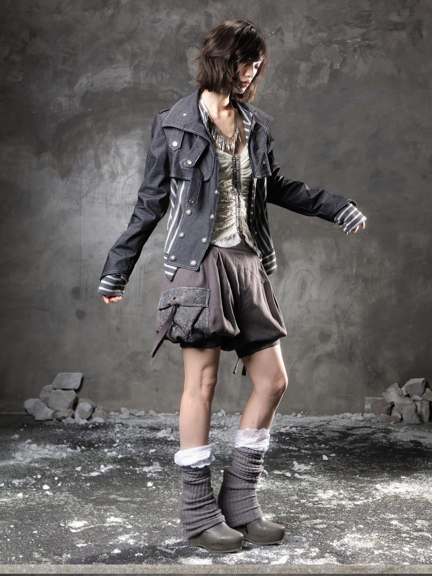 ARIADNAw Denim Blue Asymmetrical Striped Patchwork Original Design Women&