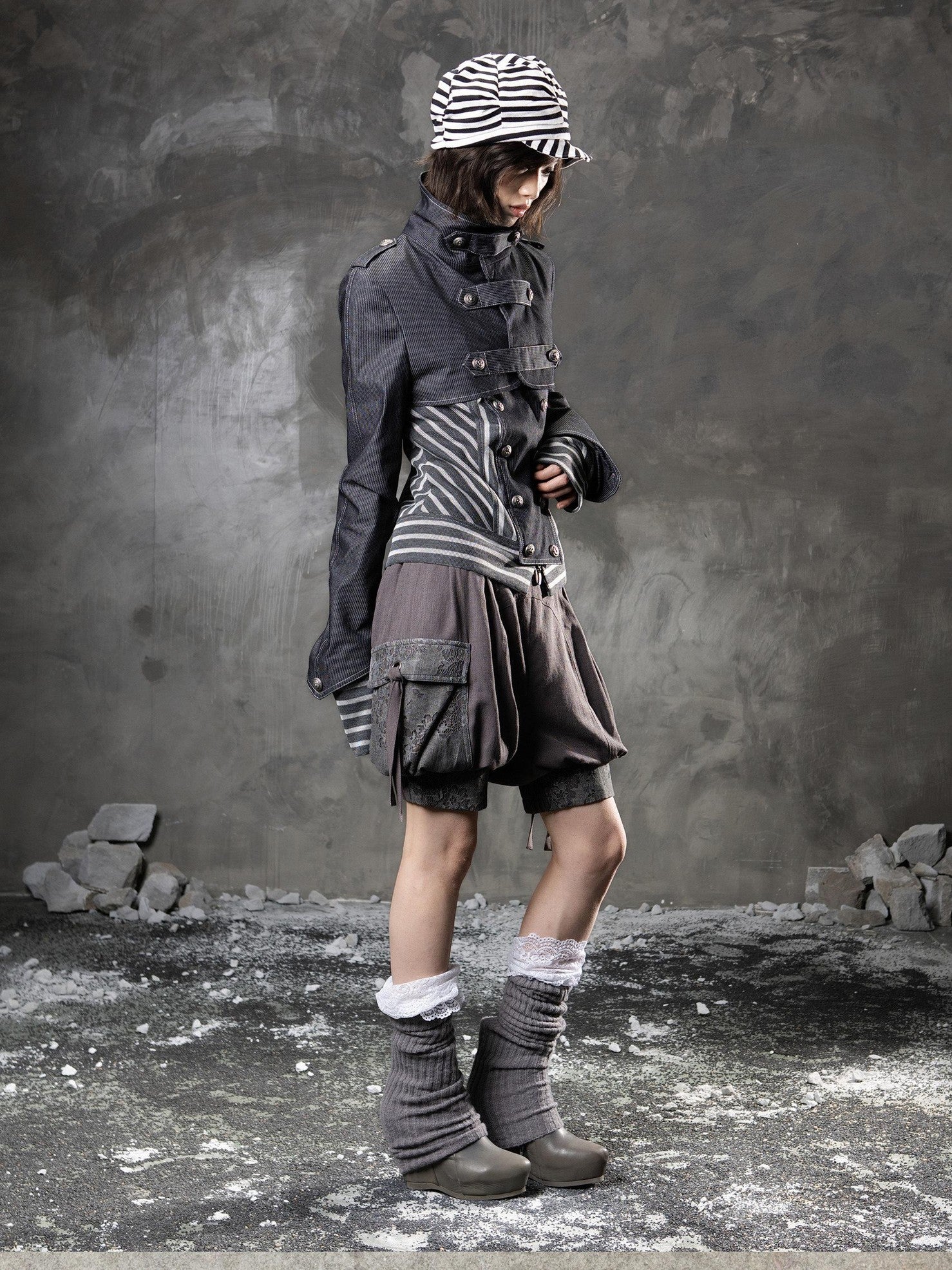 ARIADNAw Denim Blue Asymmetrical Striped Patchwork Original Design Women&