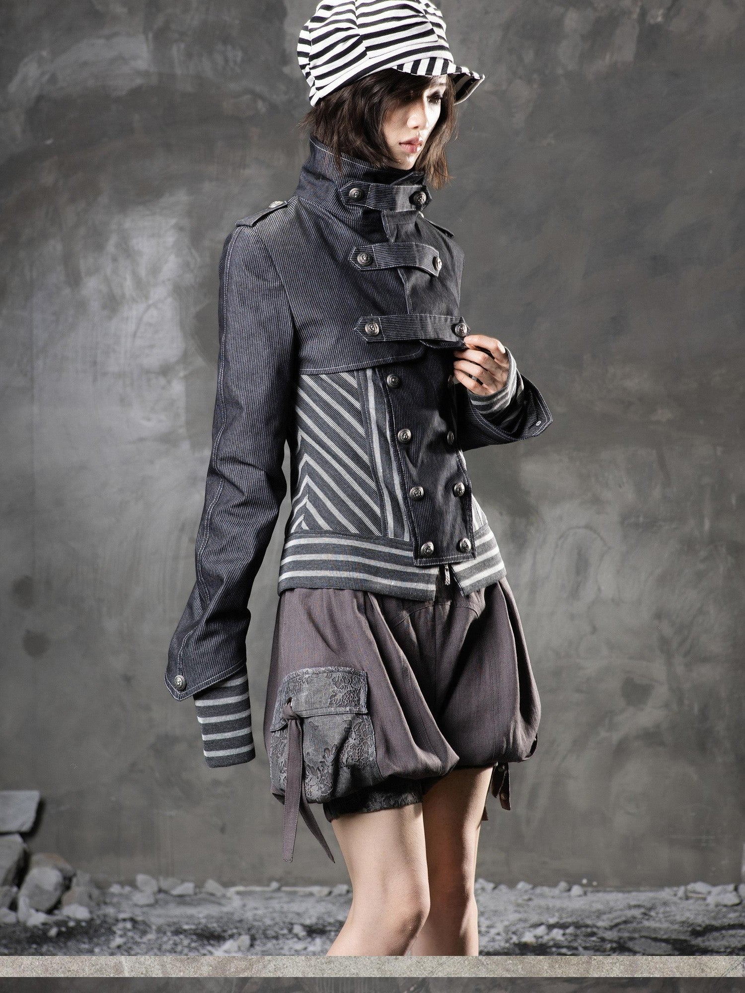 ARIADNAw Denim Blue Asymmetrical Striped Patchwork Original Design Women&