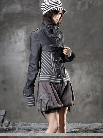 ARIADNAw Denim Blue Asymmetrical Striped Patchwork Original Design Women&