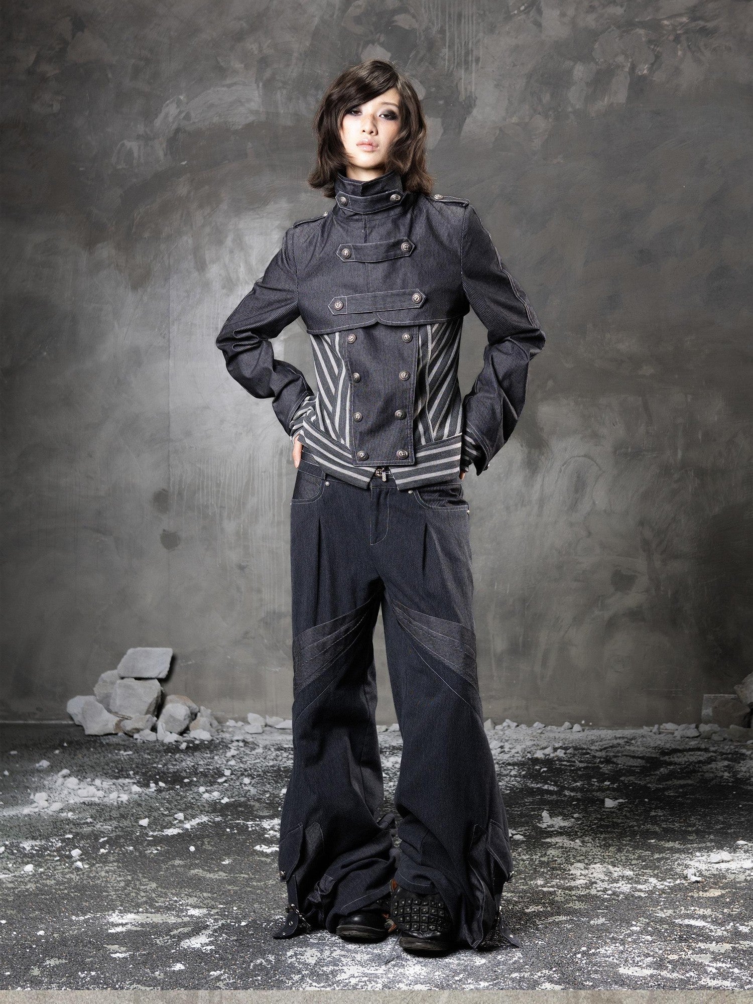 ARIADNAw Denim Blue Asymmetrical Striped Patchwork Original Design Women&