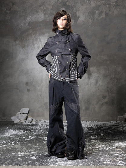 ARIADNAw Denim Blue Asymmetrical Striped Patchwork Original Design Women&