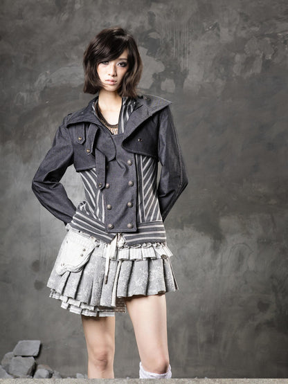 ARIADNAw Denim Blue Asymmetrical Striped Patchwork Original Design Women&