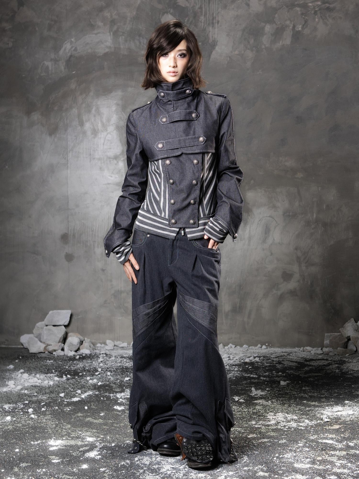 ARIADNAw Denim Blue Asymmetrical Striped Patchwork Original Design Women&