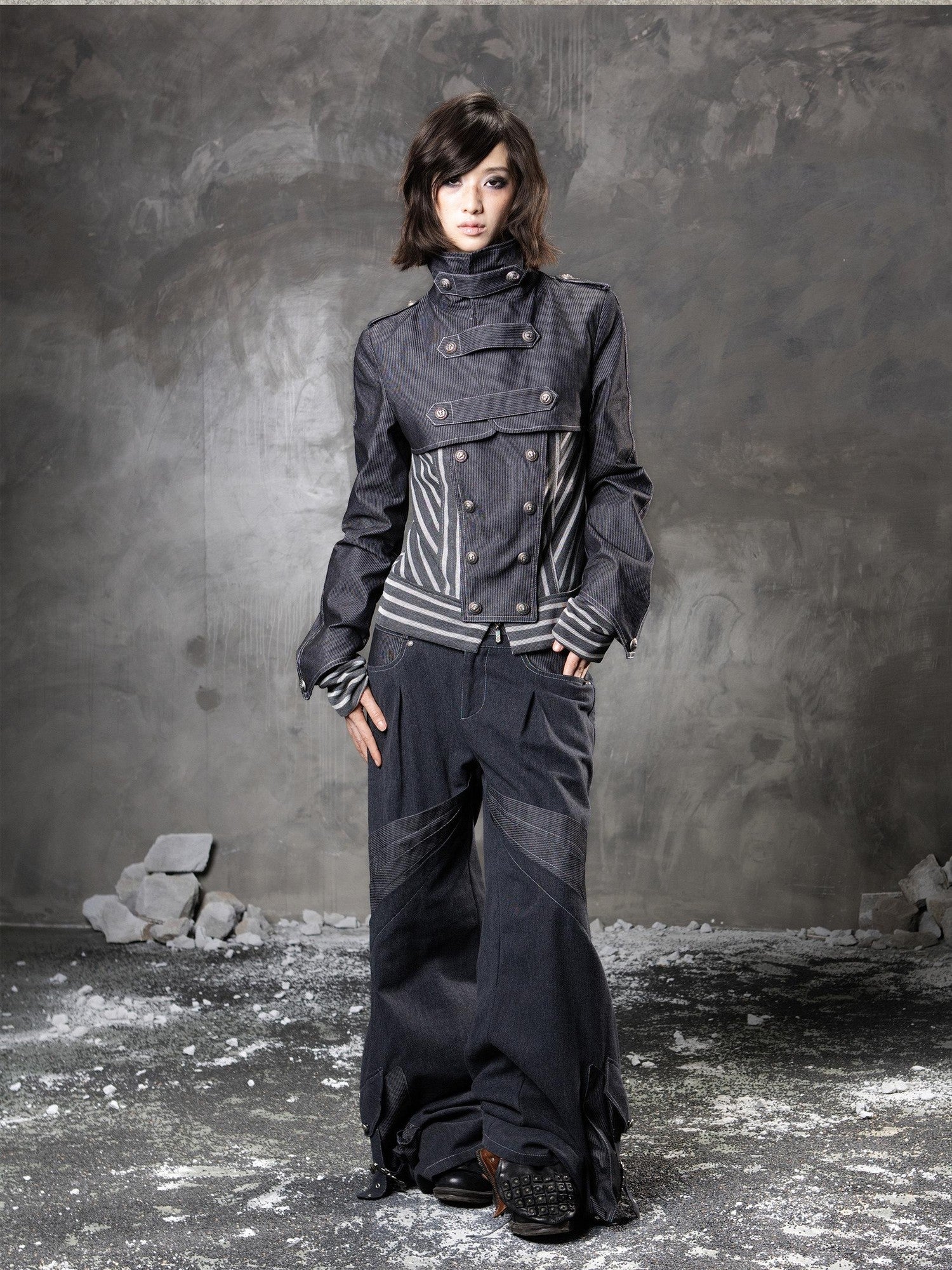 ARIADNAw Denim Blue Asymmetrical Striped Patchwork Original Design Women&