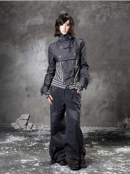 ARIADNAw Denim Blue Asymmetrical Striped Patchwork Original Design Women&