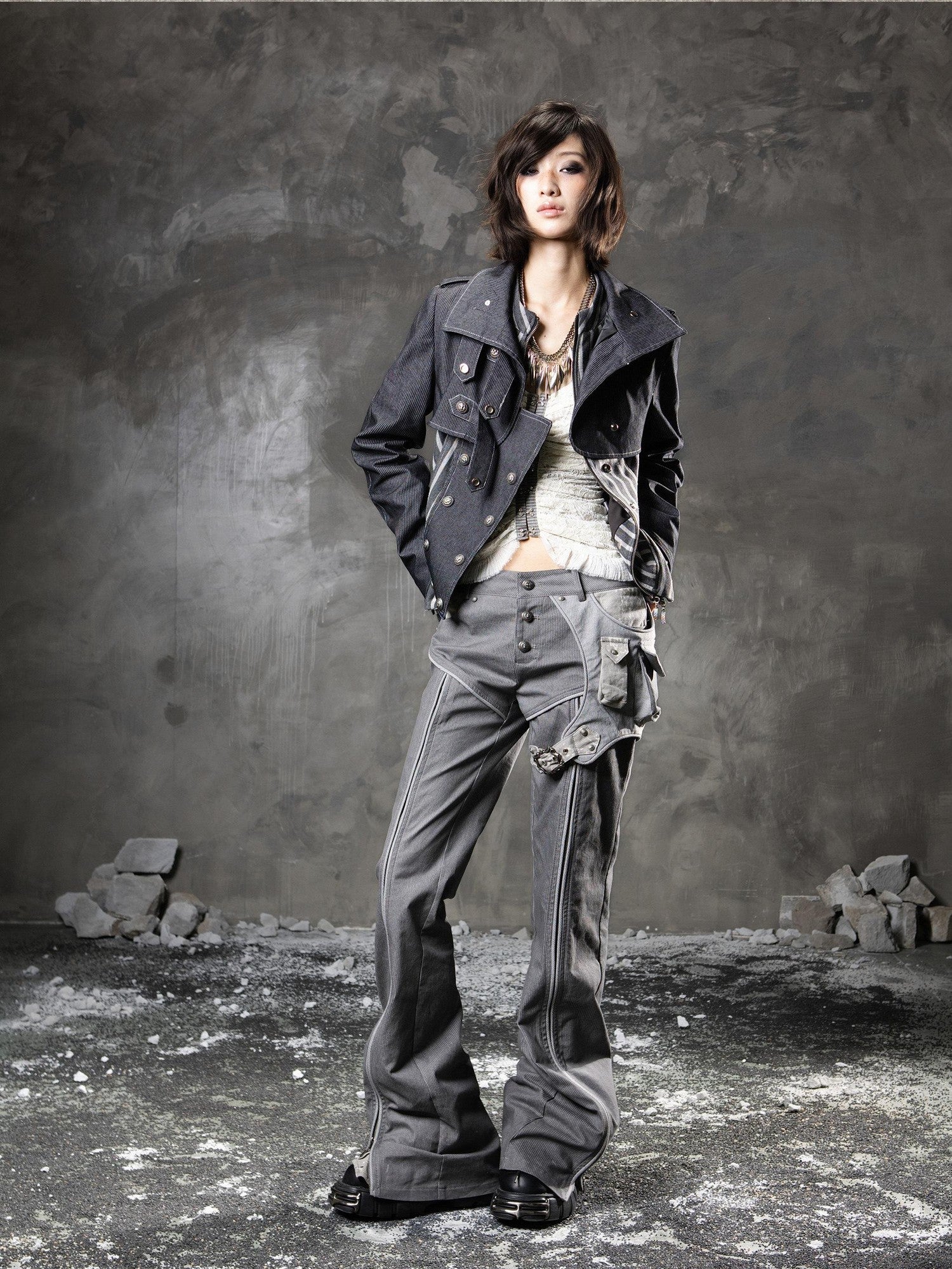 ARIADNAw Denim Blue Asymmetrical Striped Patchwork Original Design Women&