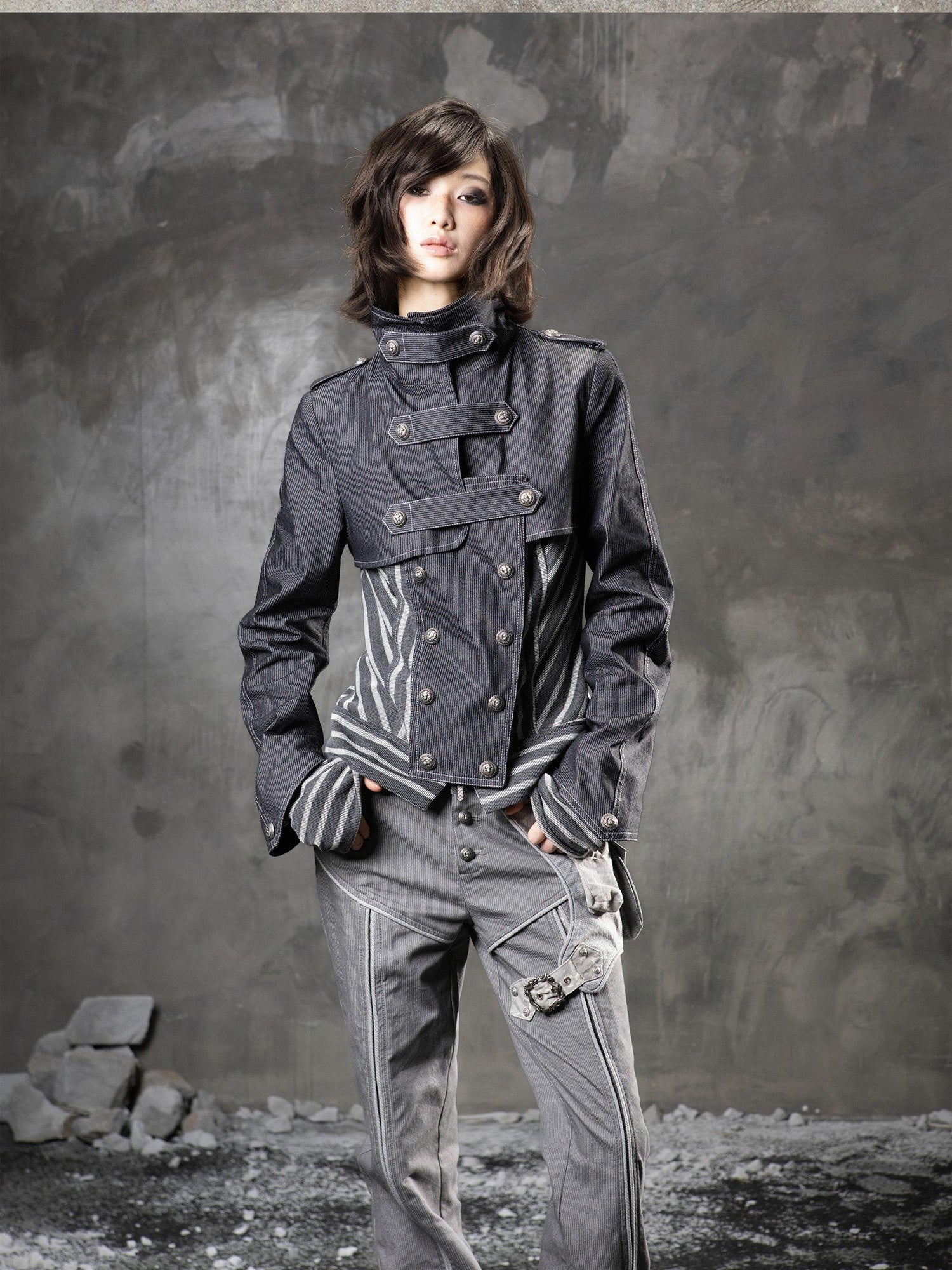 ARIADNAw Denim Blue Asymmetrical Striped Patchwork Original Design Women&