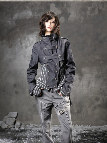 ARIADNAw Denim Blue Asymmetrical Striped Patchwork Original Design Women&
