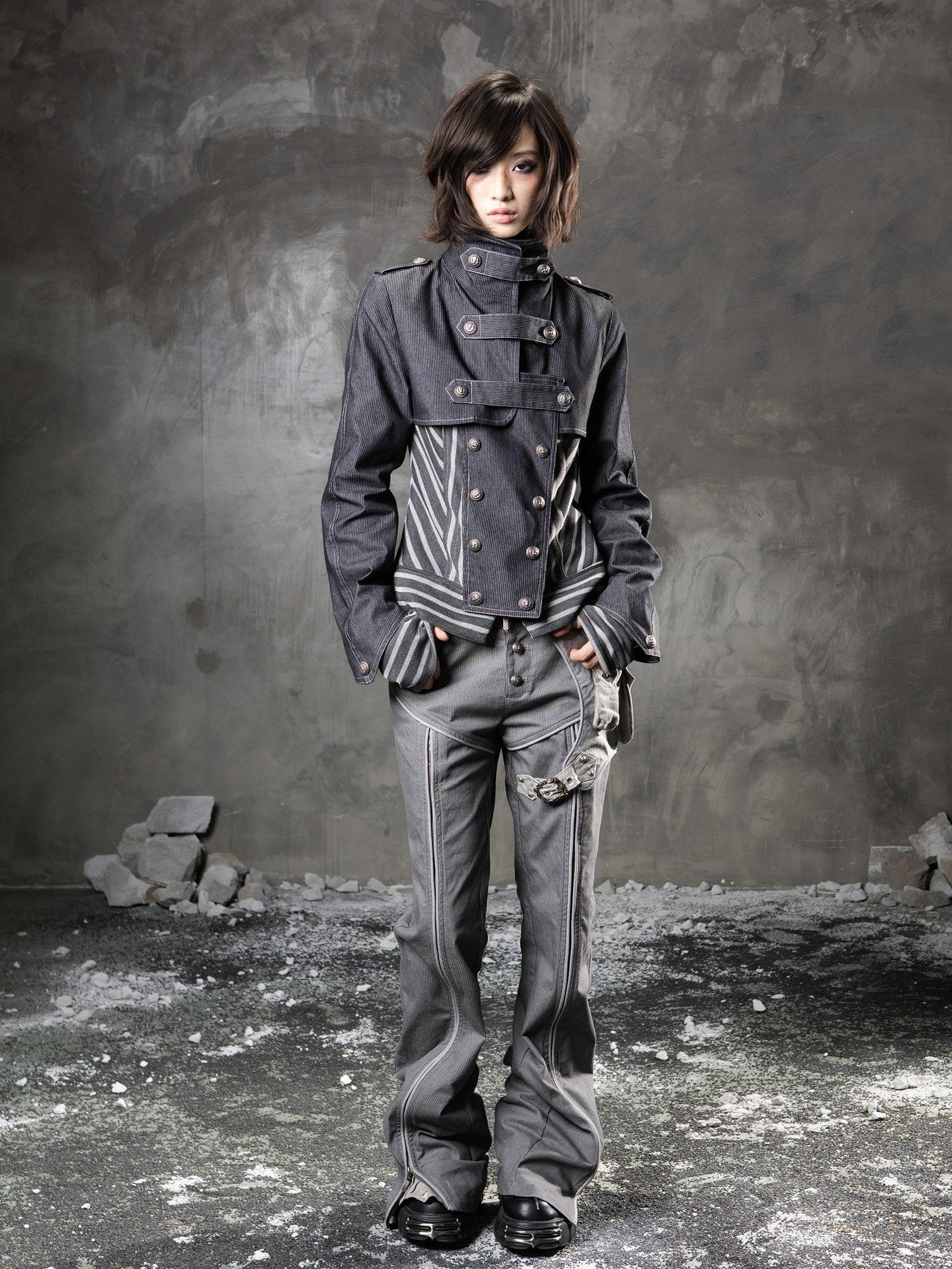 ARIADNAw Denim Blue Asymmetrical Striped Patchwork Original Design Women&