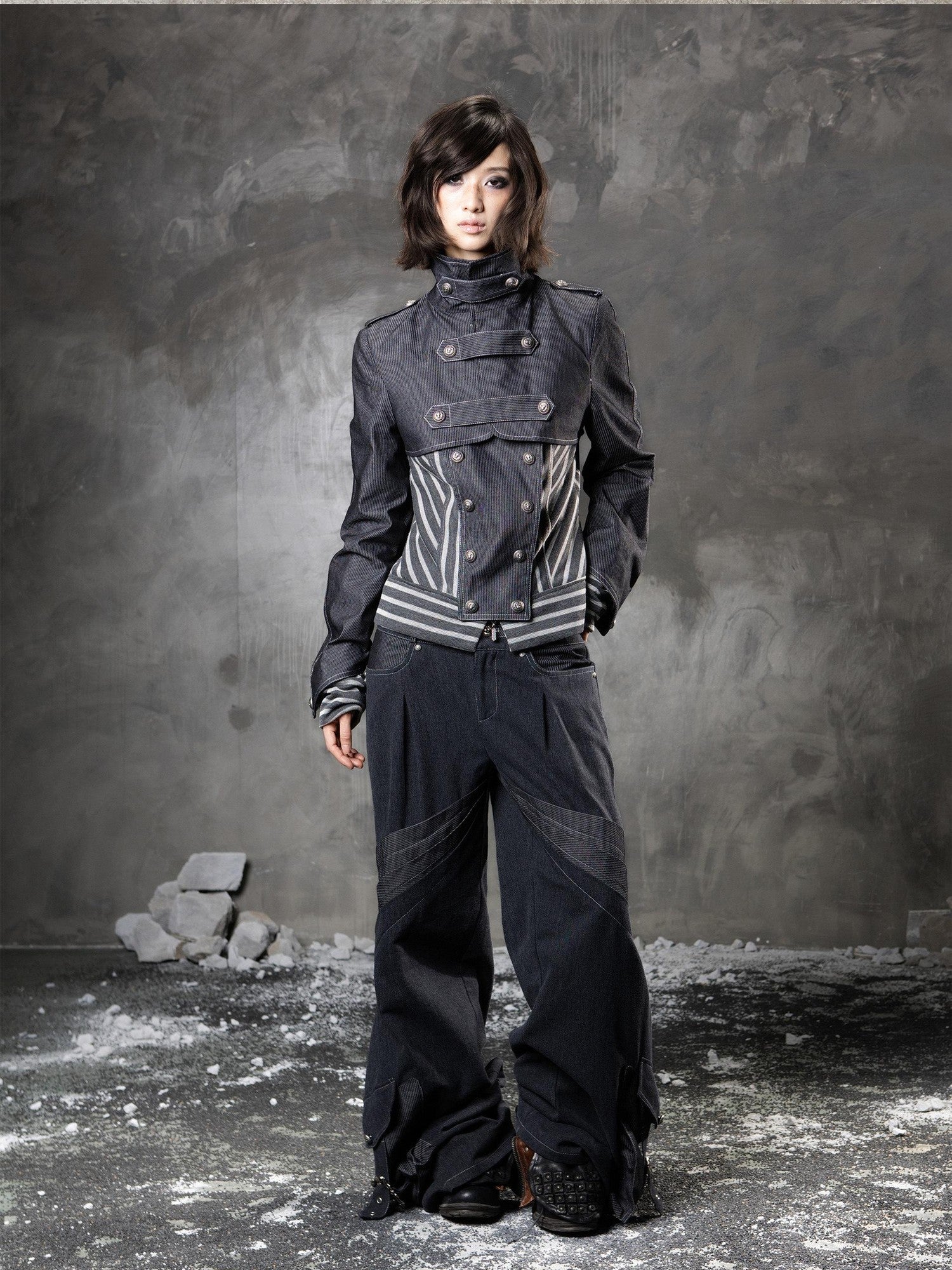 ARIADNAw Denim Blue Asymmetrical Striped Patchwork Original Design Women&