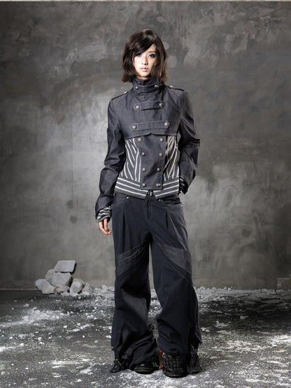ARIADNAw Denim Blue Asymmetrical Striped Patchwork Original Design Women&