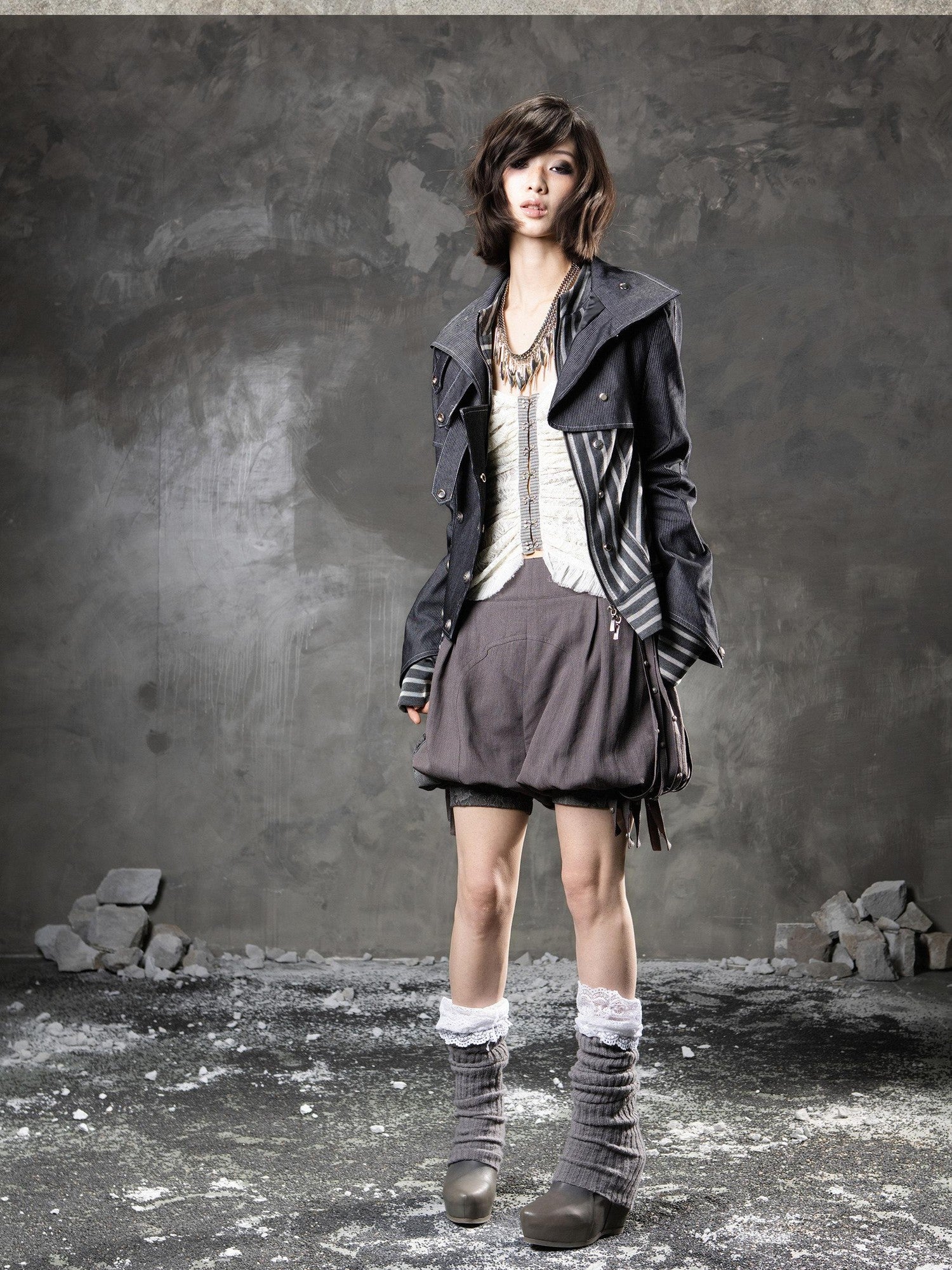 ARIADNAw Denim Blue Asymmetrical Striped Patchwork Original Design Women&