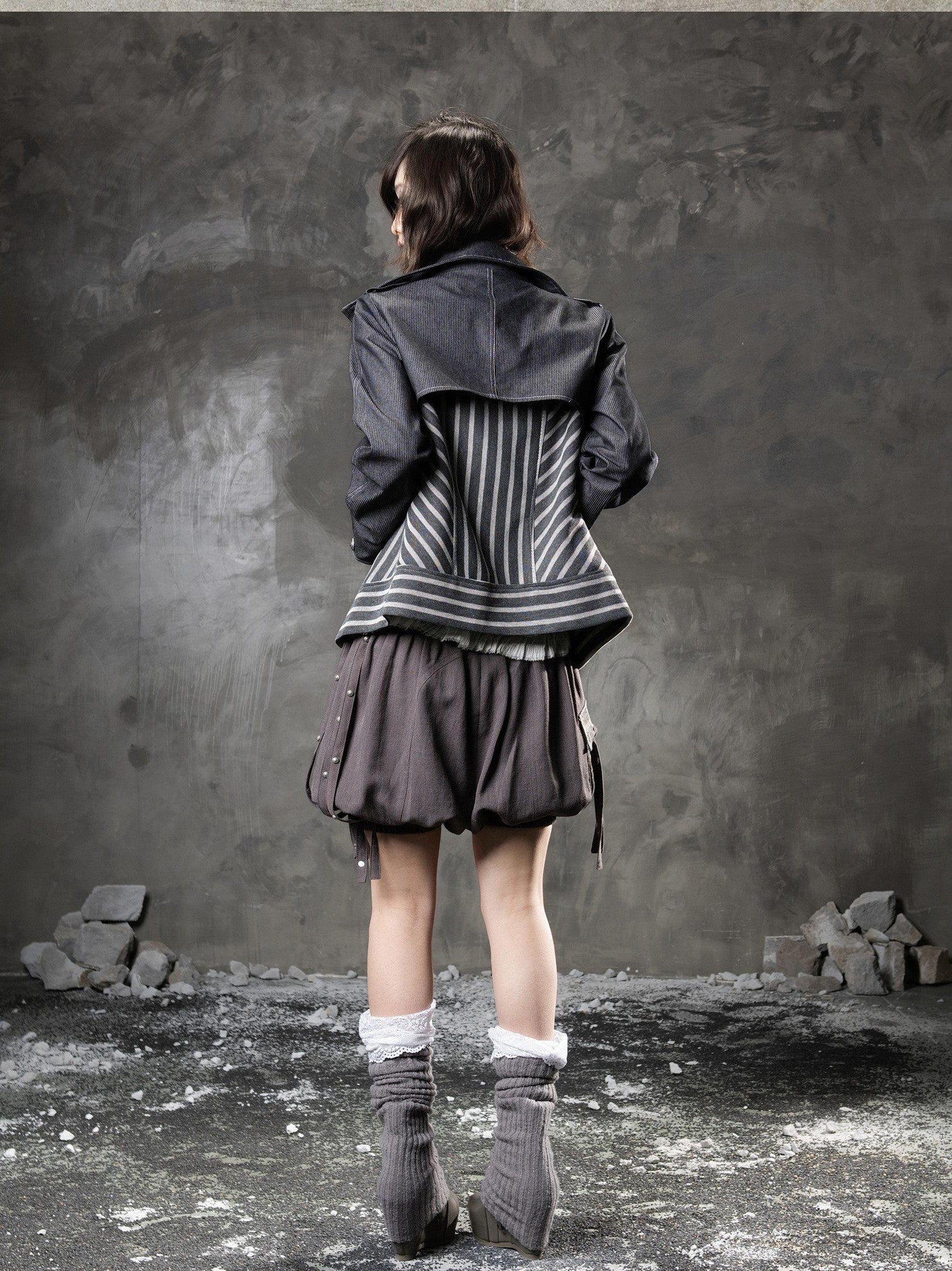 ARIADNAw Denim Blue Asymmetrical Striped Patchwork Original Design Women&
