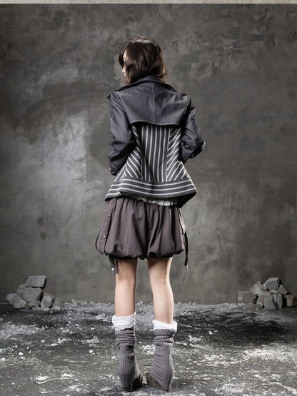ARIADNAw Denim Blue Asymmetrical Striped Patchwork Original Design Women&