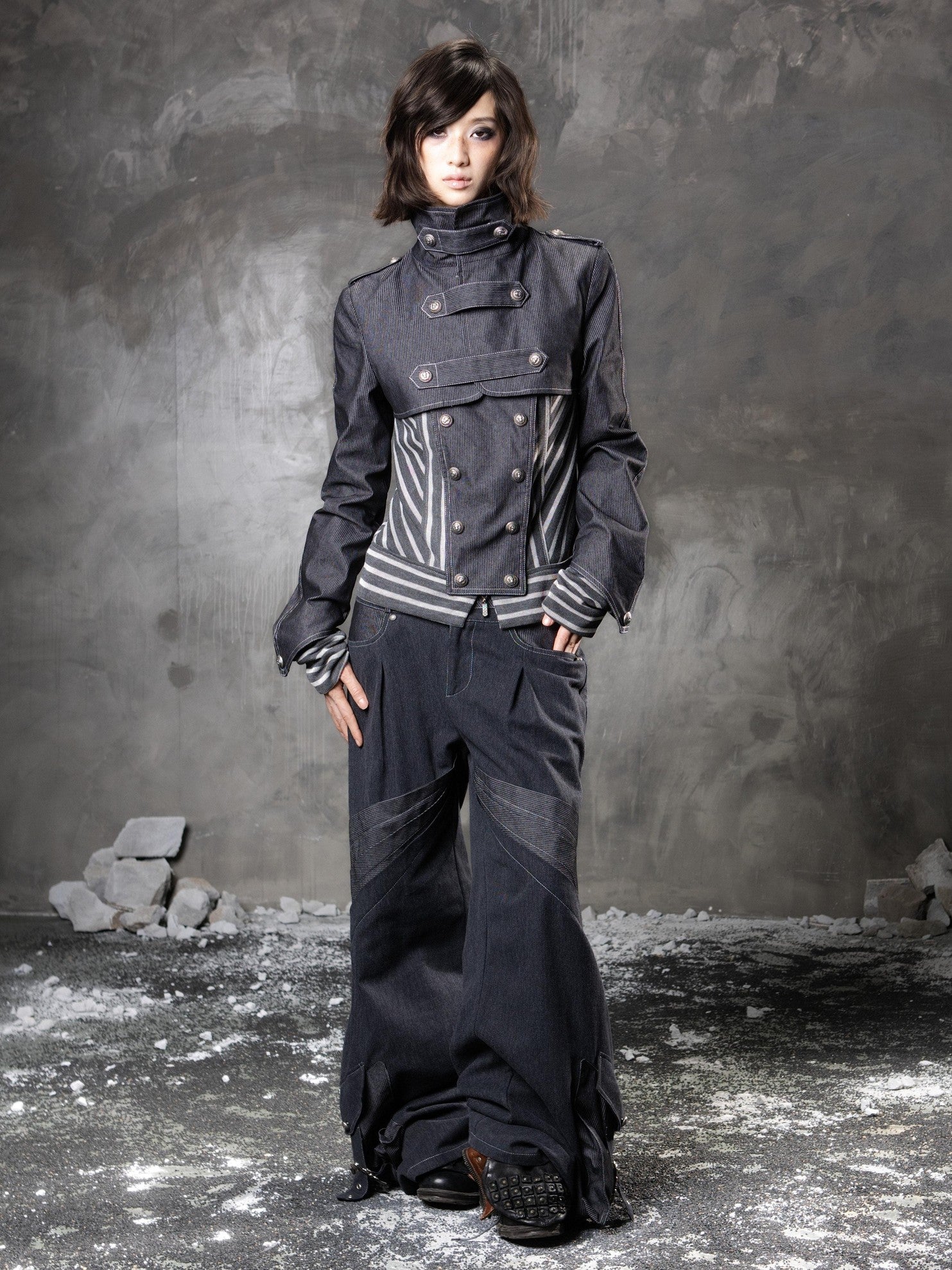 ARIADNAw Denim Blue Asymmetrical Striped Patchwork Original Design Women&
