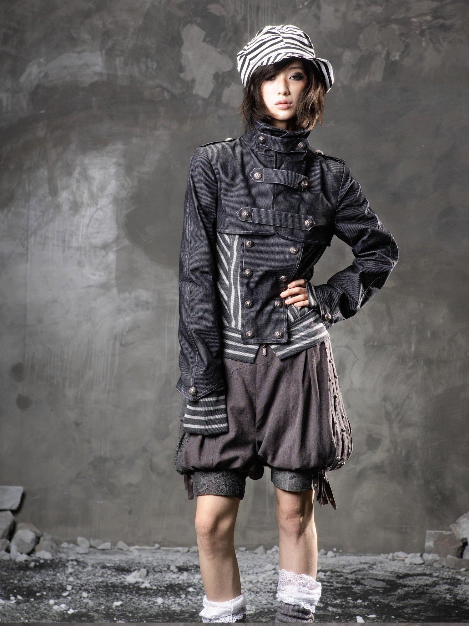 ARIADNAw Denim Blue Asymmetrical Striped Patchwork Original Design Women&