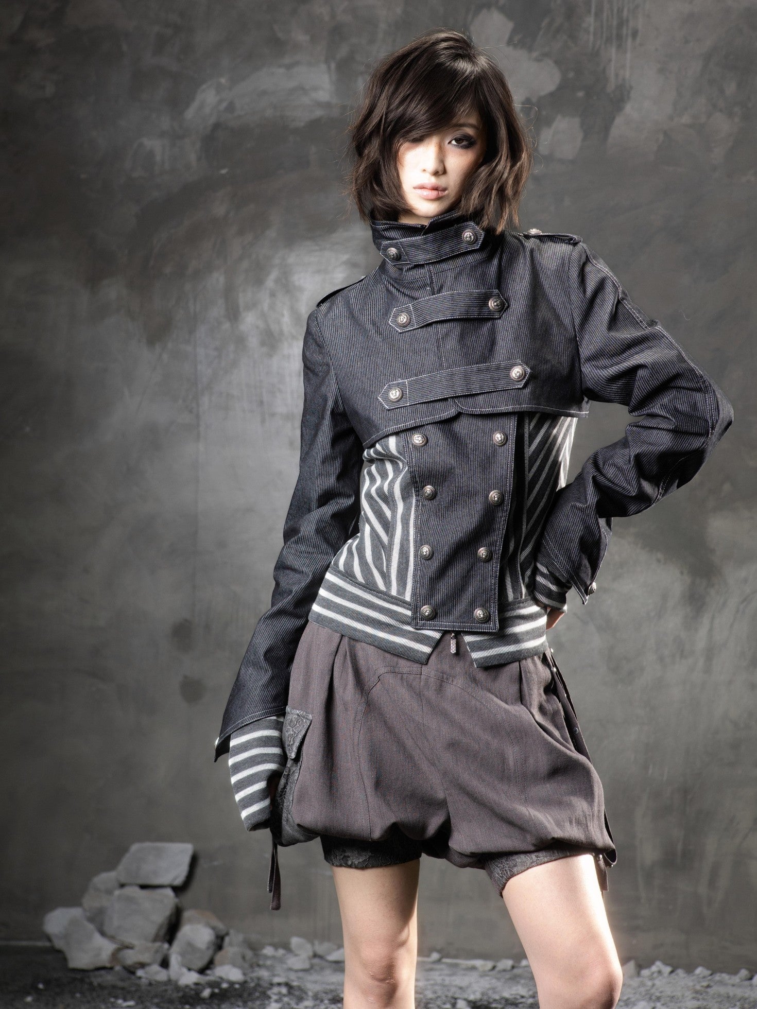 ARIADNAw Denim Blue Asymmetrical Striped Patchwork Original Design Women&
