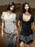 ARIADNAw Edgy Asymmetric Punk Striped Slim Knit Round Neck Short Sleeve T-Shirts