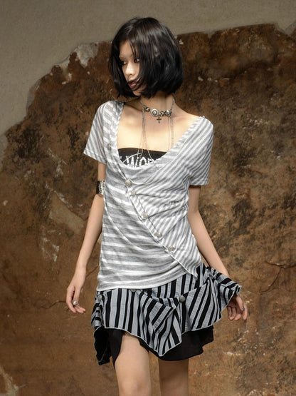 ARIADNAw Edgy Asymmetric Punk Striped Slim Knit Round Neck Short Sleeve T-Shirts