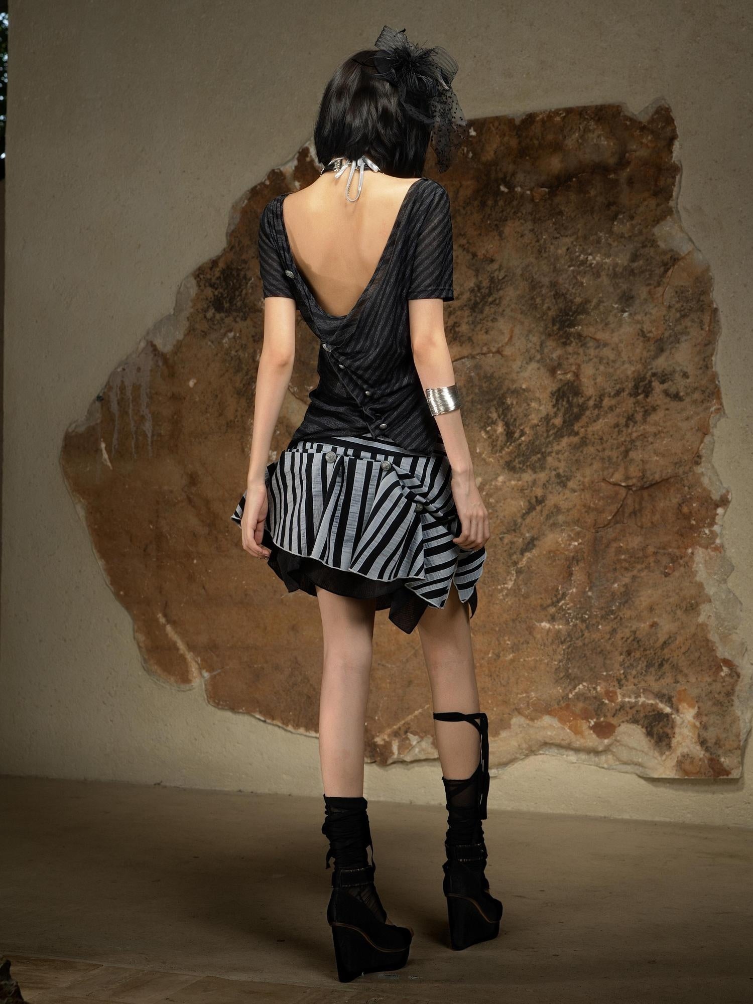 ARIADNAw Edgy Asymmetric Punk Striped Slim Knit Round Neck Short Sleeve T-Shirts