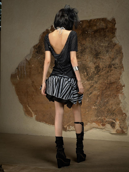 ARIADNAw Edgy Asymmetric Punk Striped Slim Knit Round Neck Short Sleeve T-Shirts