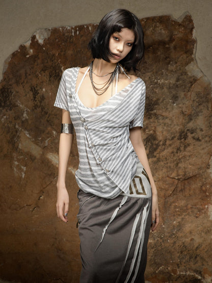 ARIADNAw Edgy Asymmetric Punk Striped Slim Knit Round Neck Short Sleeve T-Shirts